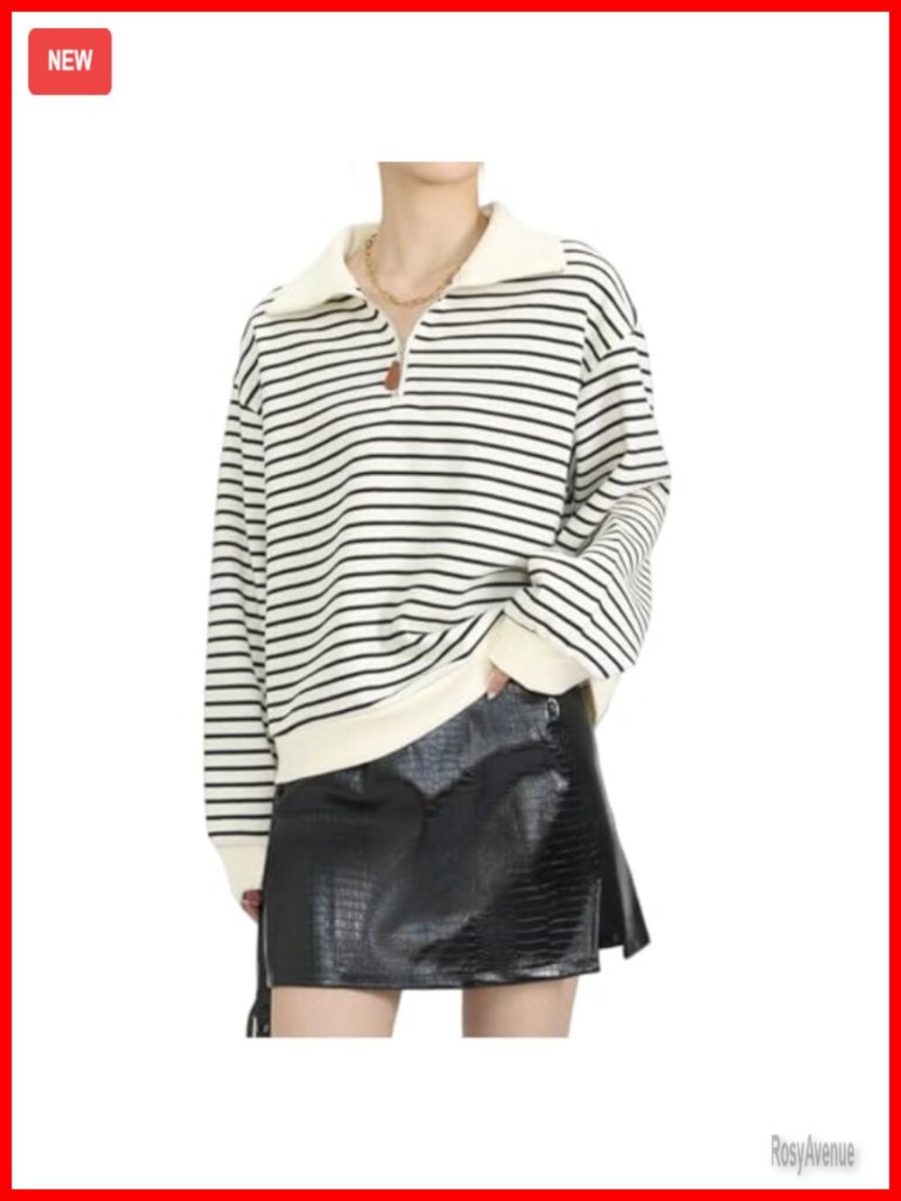 Women's Striped Quarter-Zip Sweatshirt Collar Neck Pullover Top